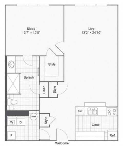 A floor plan of a small apartment with a sleeping area, a living area, a kitchen, and a bathroom.